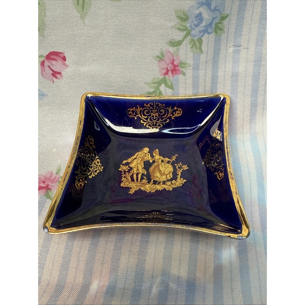 Limoges France Cobalt Blue & Gold Porcelain Trinket‎ Dish 3" Collectible